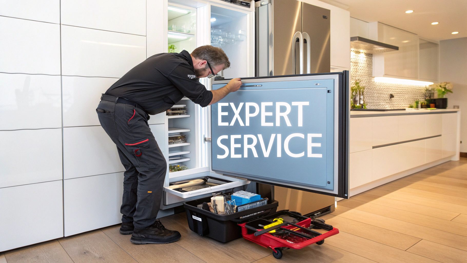 A technician provides expert service on a Fhiaba built-in refrigerator in a modern kitchen.