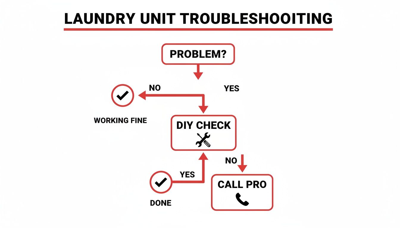 Flowchart illustrating the troubleshooting process for a laundry unit, from problem identification to professional help.
