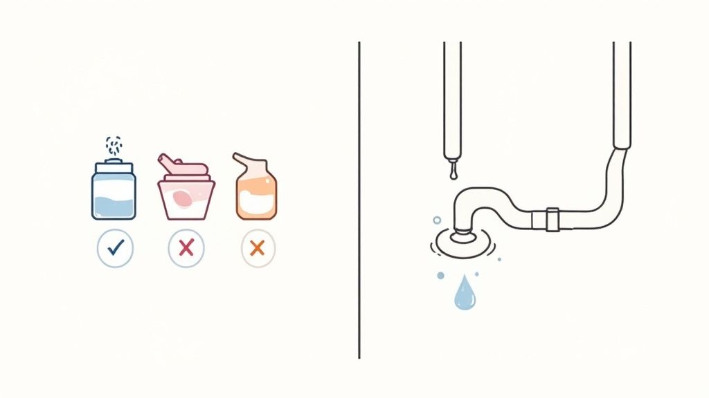 Diagram illustrating proper items for dishwasher cleaning and a leaky drain pipe.