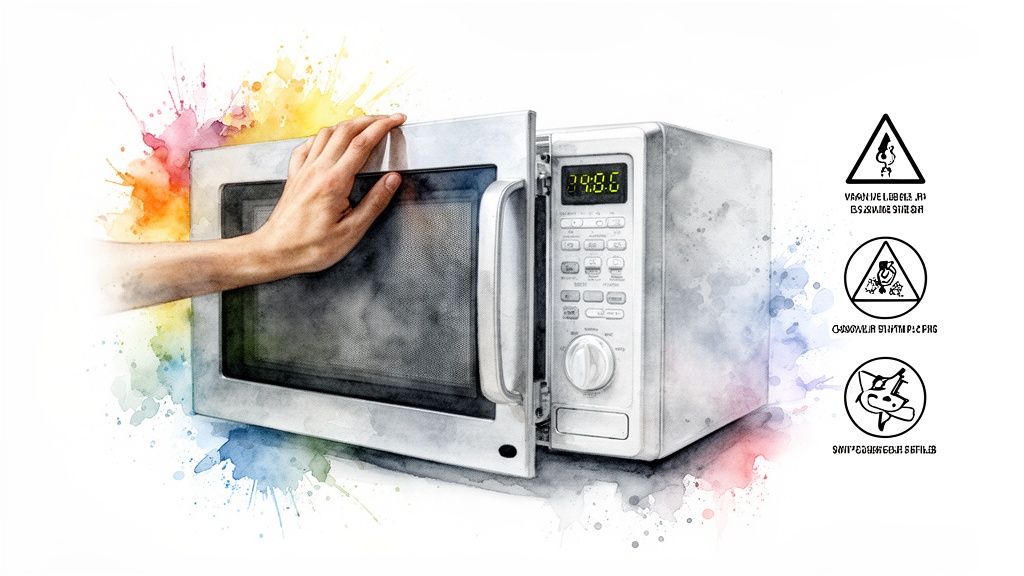 A watercolor illustration of a hand opening a microwave oven with colorful splatters and warning symbols.