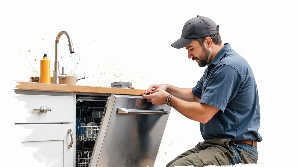 A professional technician installs a stainless steel dishwasher under a modern kitchen counter.
