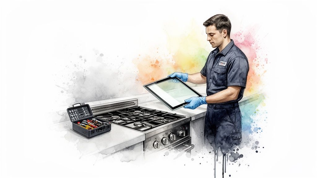 A technician in blue uniform and gloves is performing a cooktop glass replacement, with tools on a white counter.