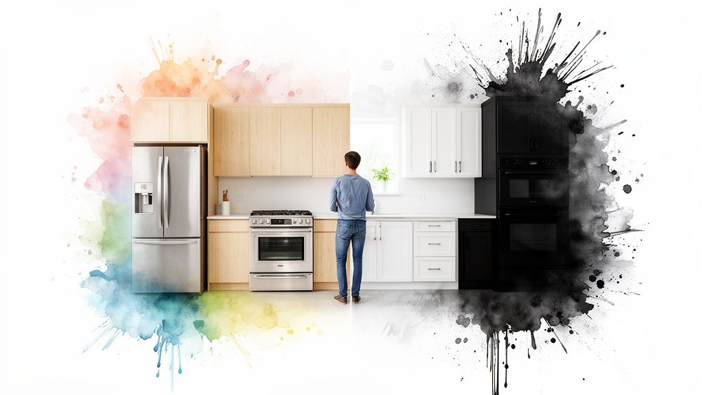 A kitchen split into two styles: light wood with stainless steel appliances and white with dark appliances.