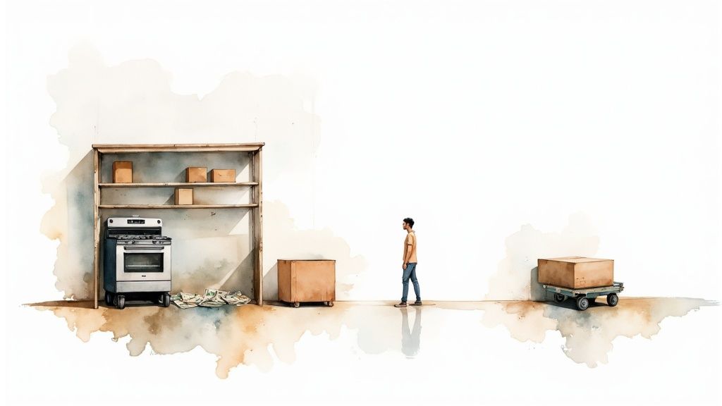 A man stands in a minimalistic watercolor scene with an oven, shelves, and moving boxes.
