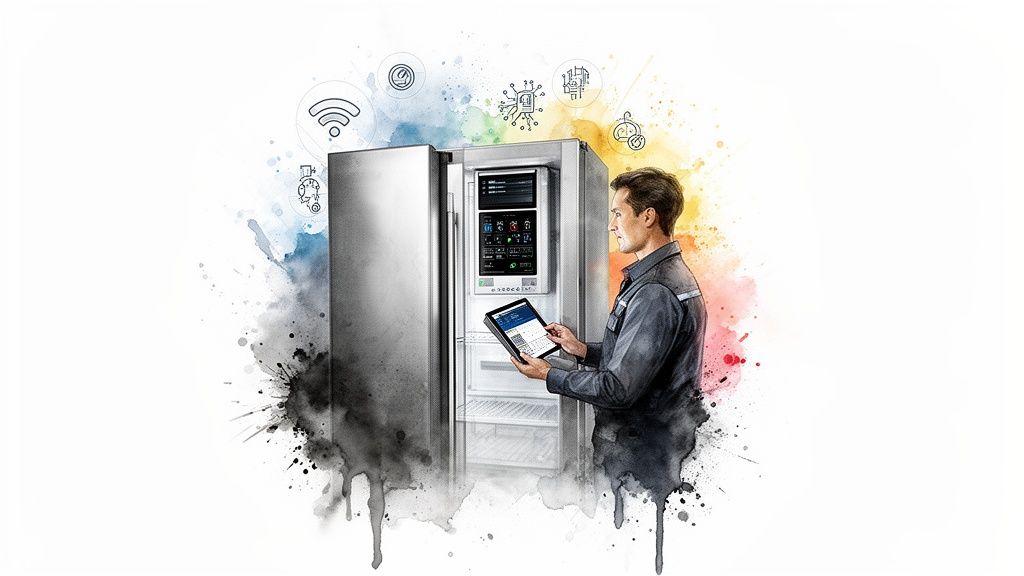A technician holds a tablet, interacting with an open smart refrigerator surrounded by tech icons.