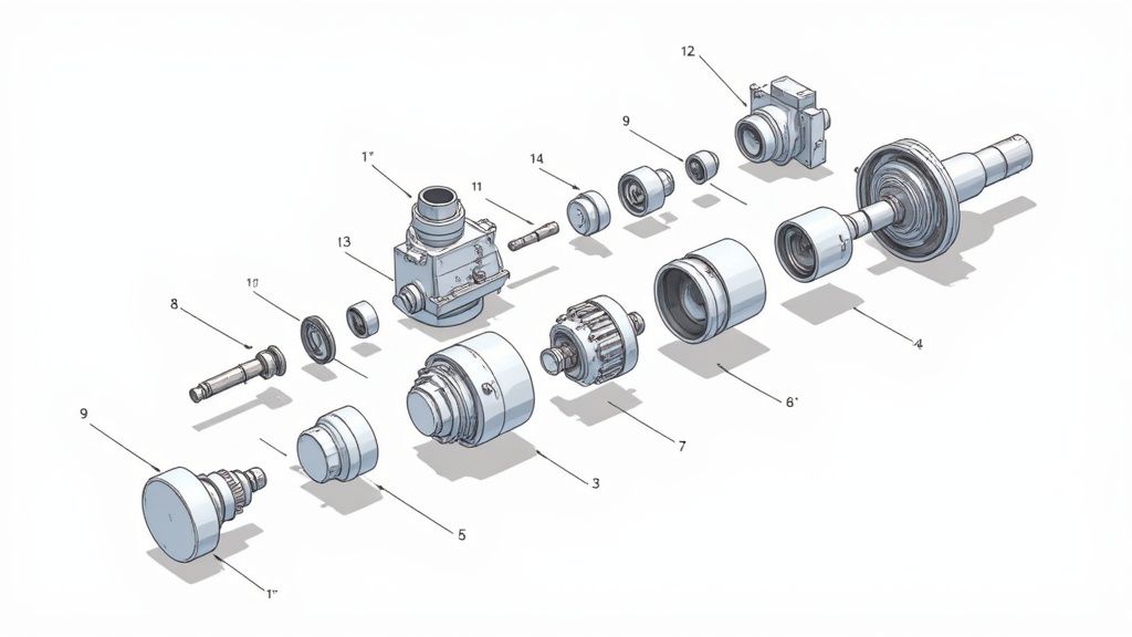An exploded view diagram illustrating numerous complex mechanical components with numbered labels for assembly.