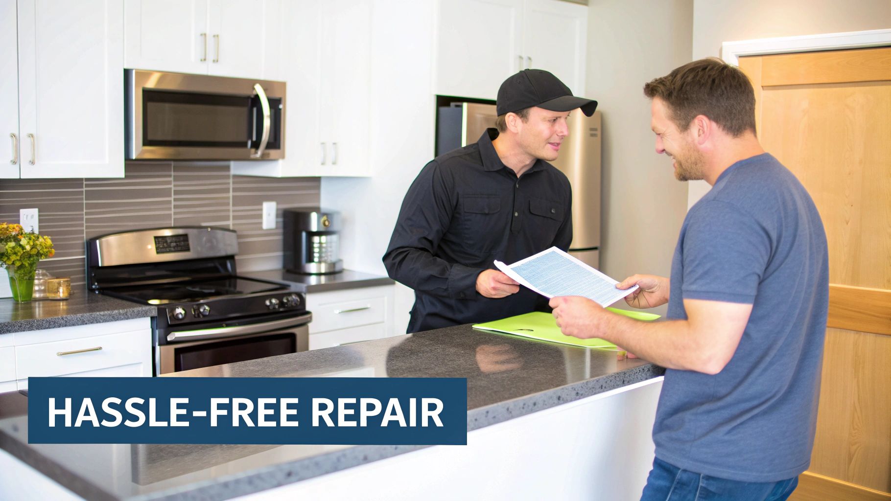 A technician discusses repair details with a homeowner in a modern kitchen, signifying hassle-free service.