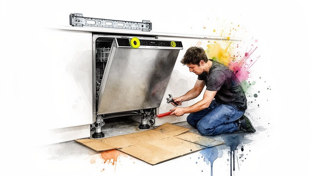 A man on his knees installing a dishwasher in a kitchen, holding tools.