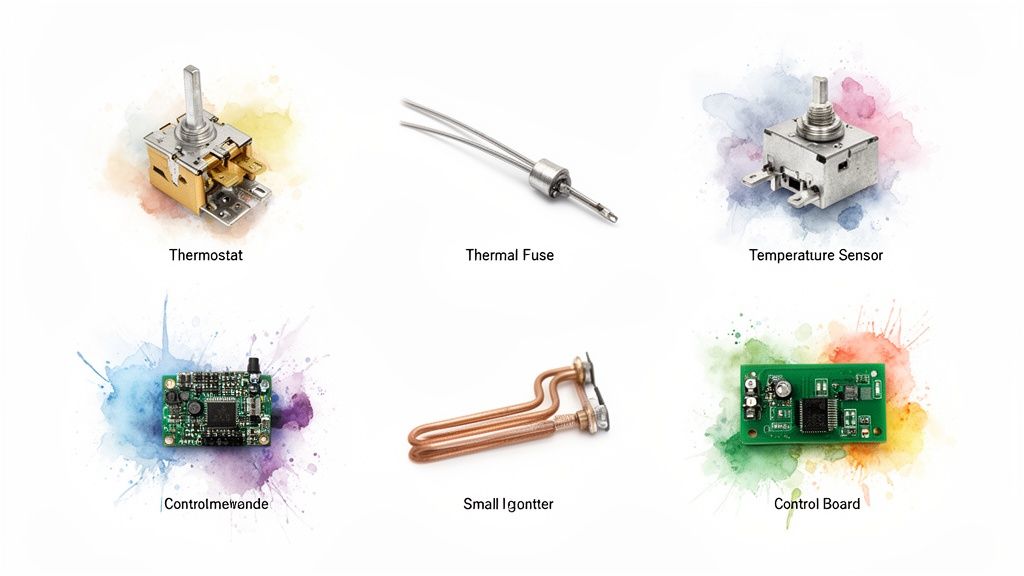 A collection of essential oven and heating appliance components, including thermostat, thermal fuse, and control boards.
