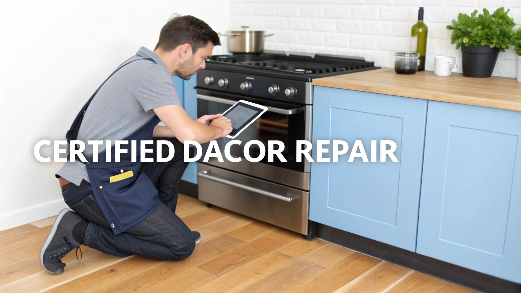 A man kneels, using a tablet to inspect a Dacor oven in a modern kitchen, illustrating certified repair service.