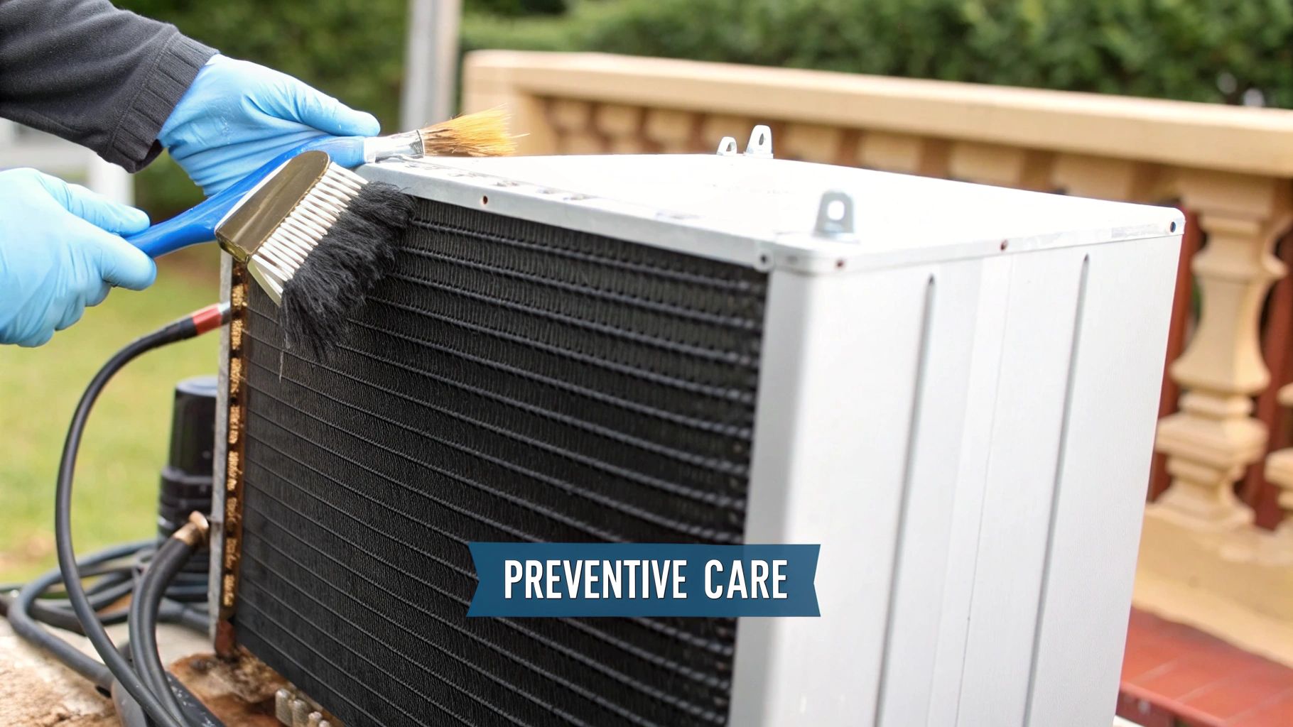 Person in blue gloves cleaning the fins of an outdoor AC unit with a brush for preventive care.