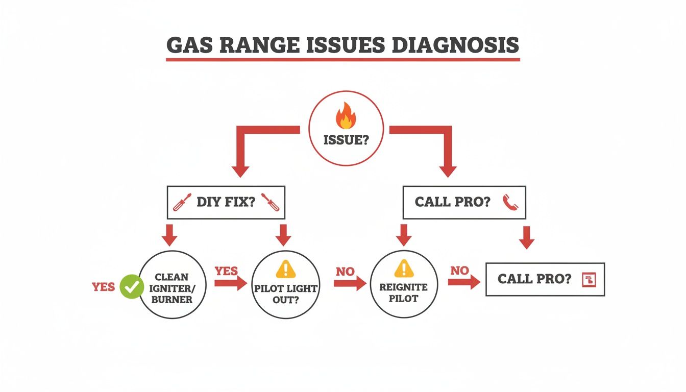 Flowchart for gas range issue diagnosis, guiding users through DIY fixes like cleaning and relighting pilots, or calling a professional.
