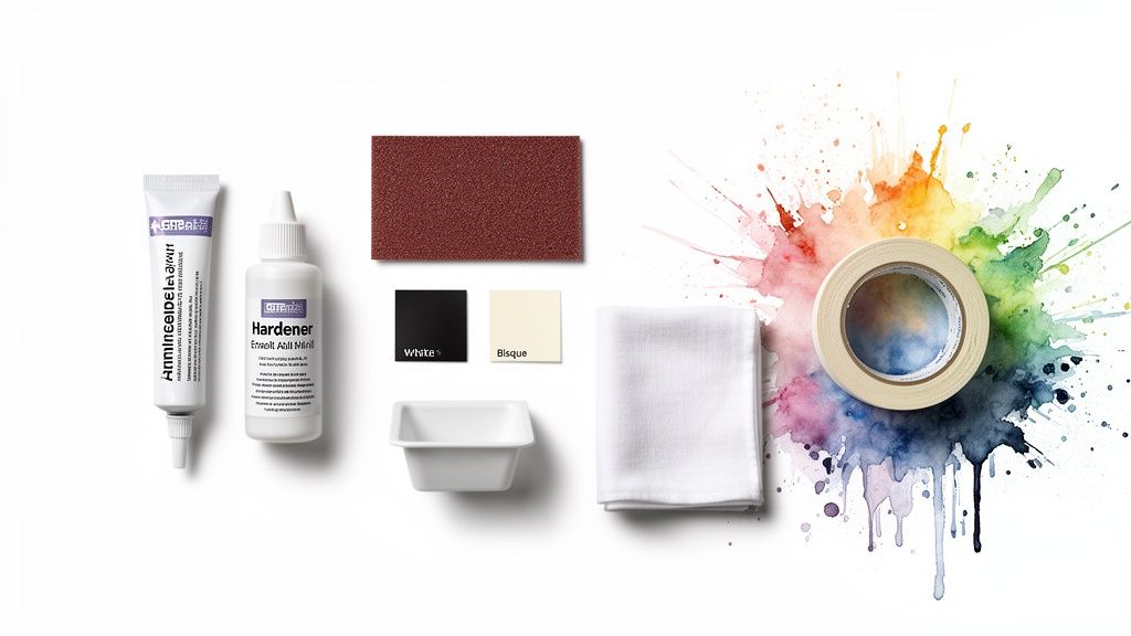 A flat lay of enamel repair kit items: filler, hardener, sandpaper, color samples, cloth, and tape.