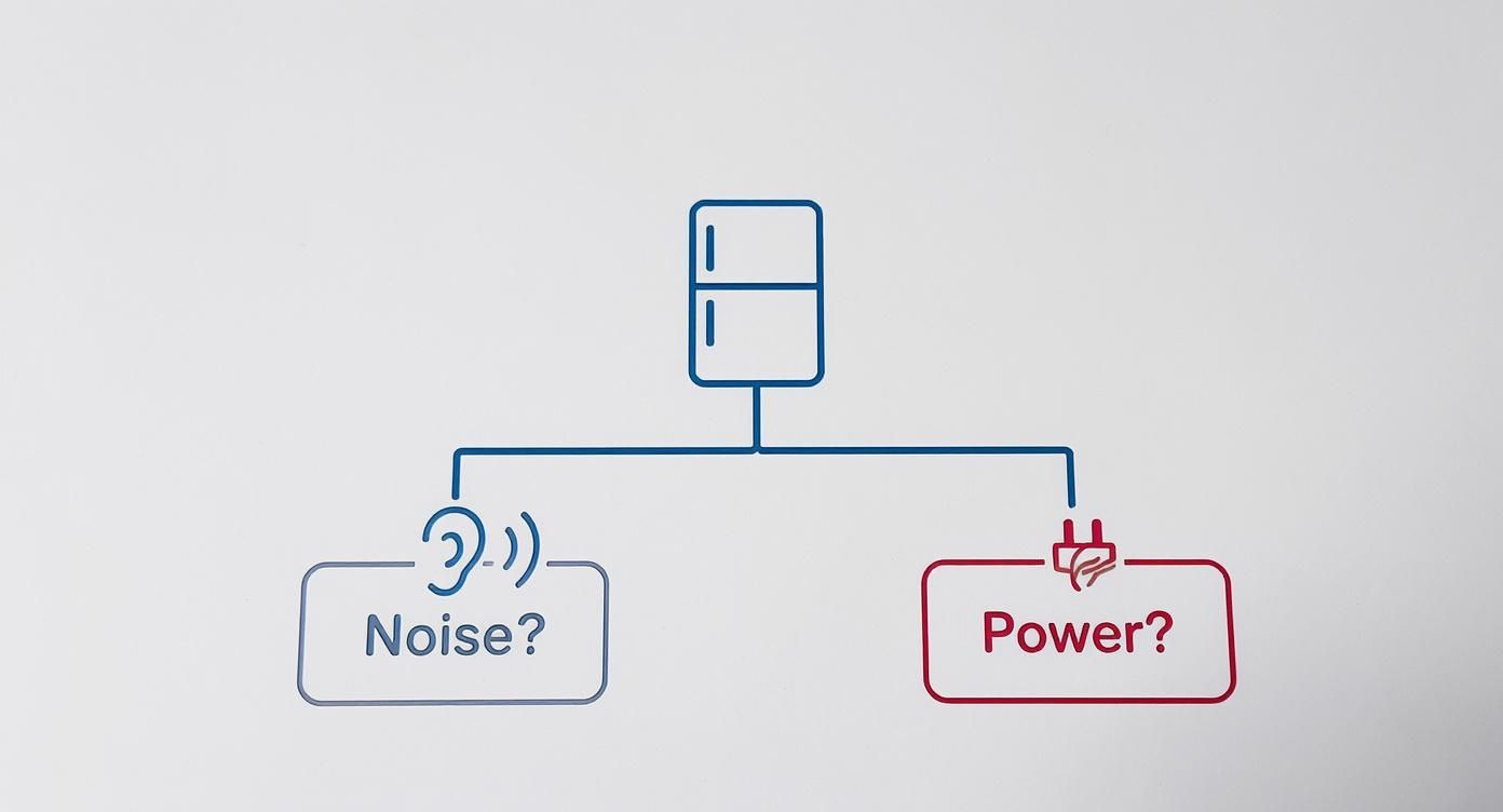 Diagram showing a refrigerator connected to two questions: Noise (with an ear icon) and Power (with a plug icon).
