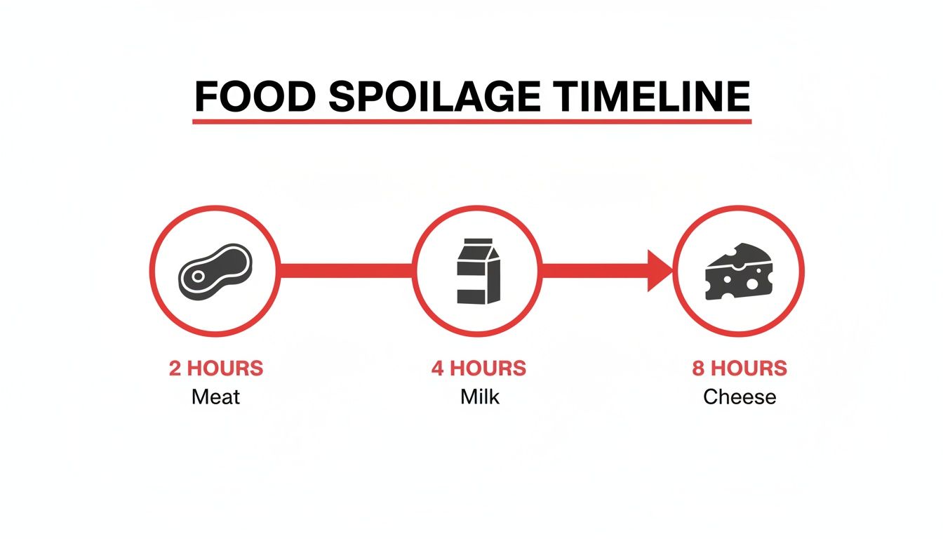 A food spoilage timeline graphic showing meat (2 hours), milk (4 hours), and cheese (8 hours).