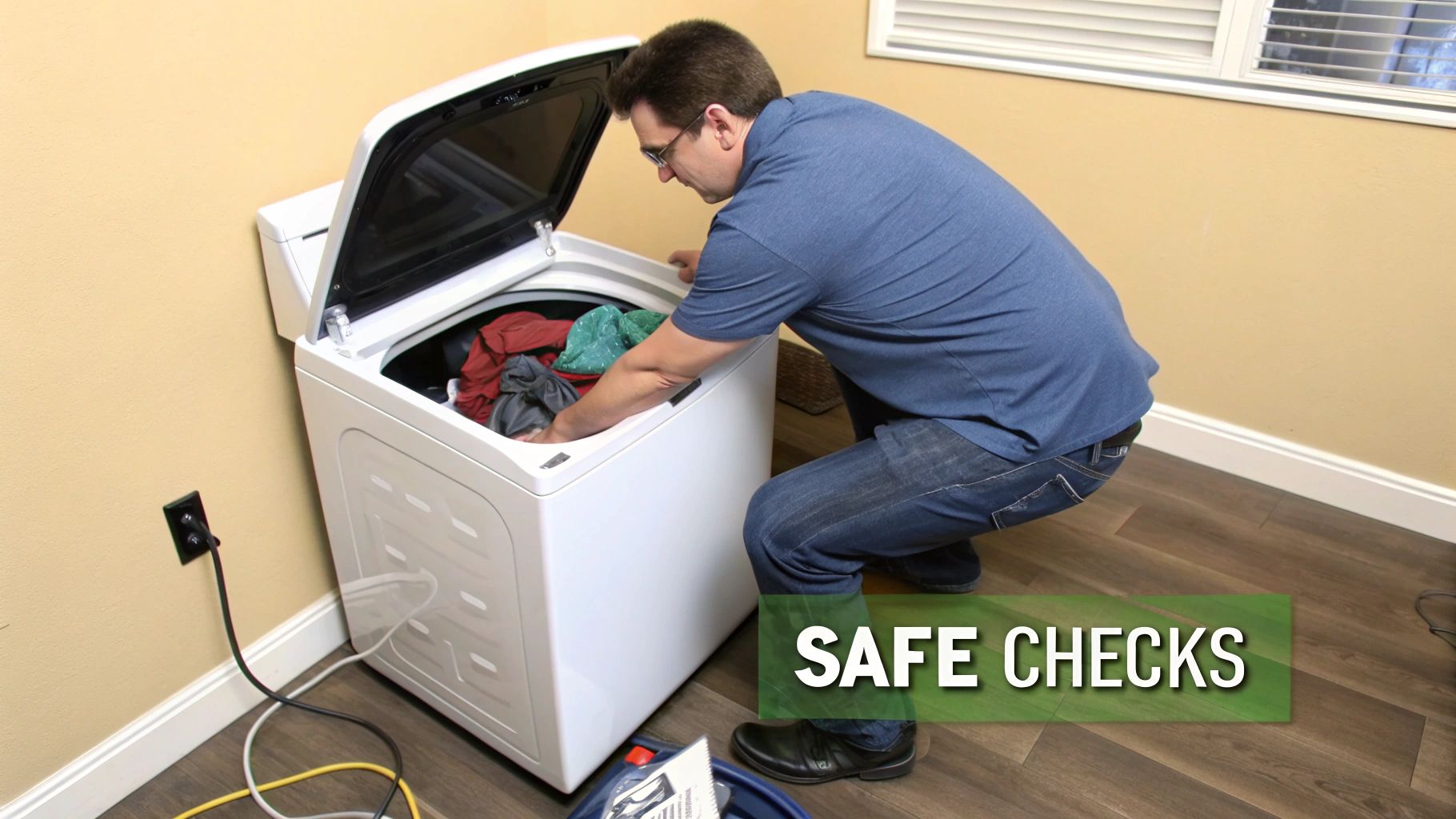 Man checking clothes inside an open top-load washing machine during a safe check.