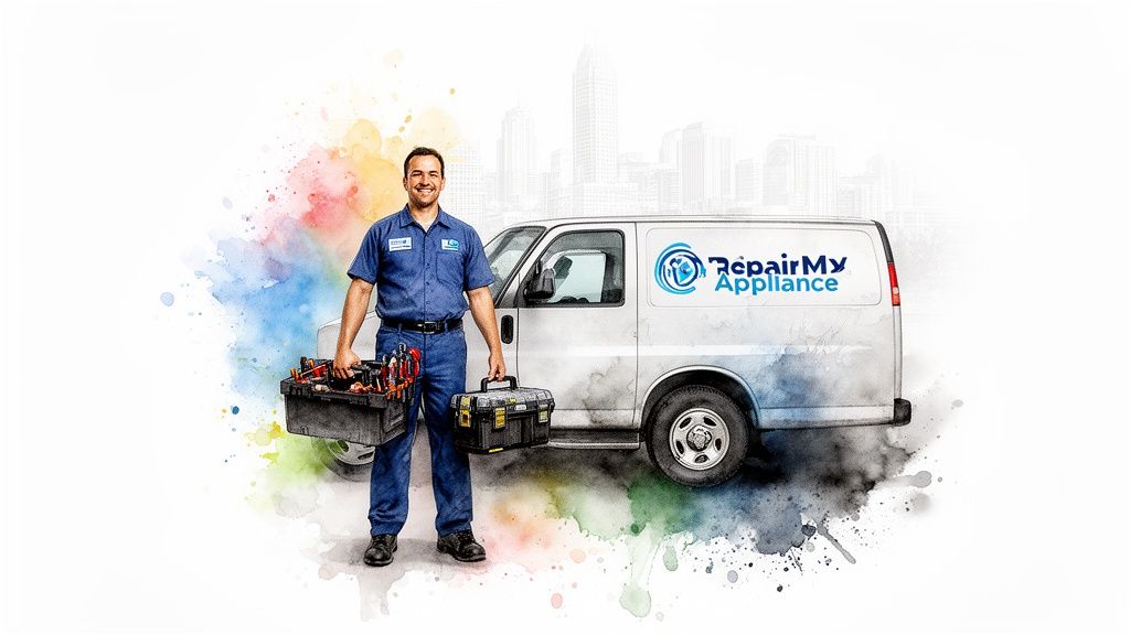 A smiling appliance repair technician holding two toolboxes stands in front of his service van.