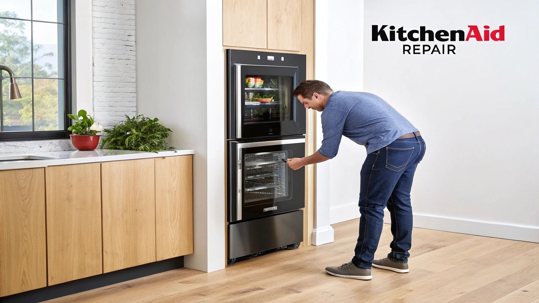 A man bends down to inspect a built-in KitchenAid oven in a modern kitchen with wood cabinets.