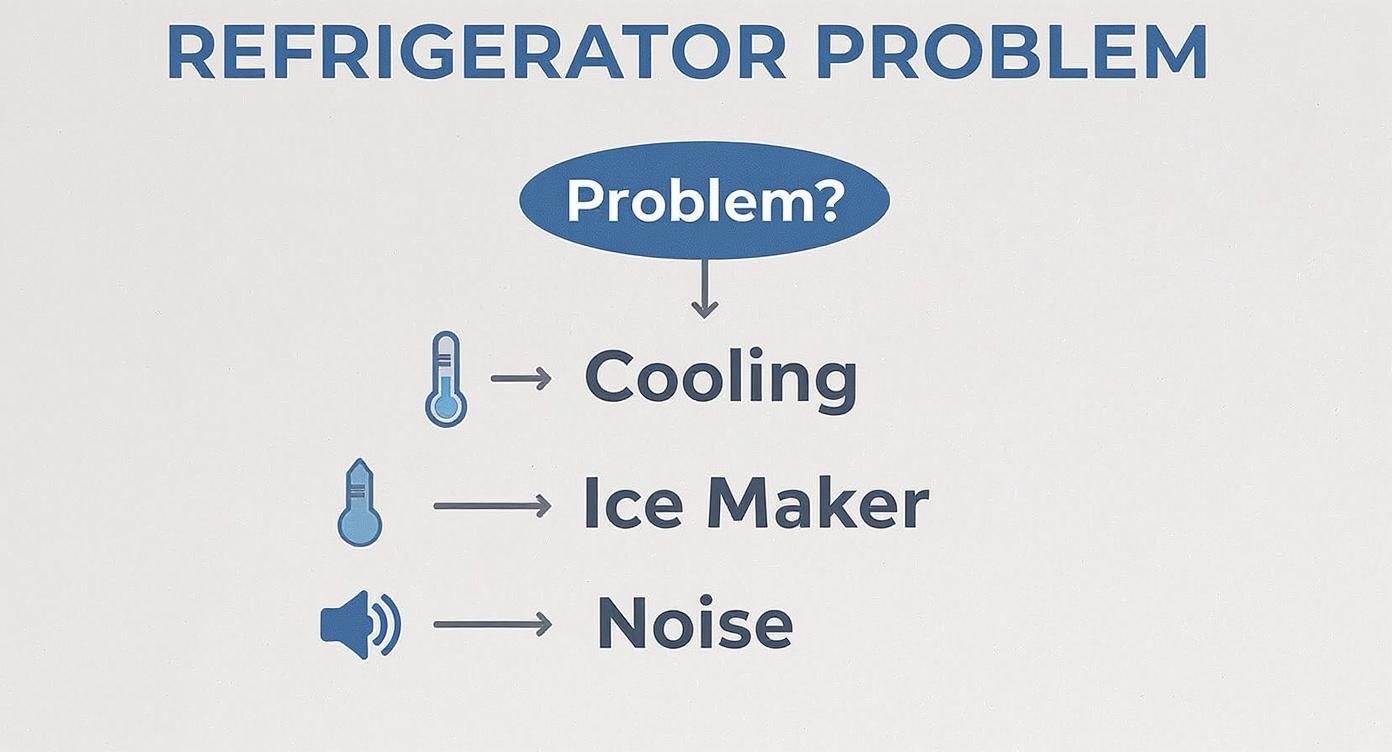 Flowchart diagram outlining common refrigerator problems such as cooling, ice maker, and noise issues.