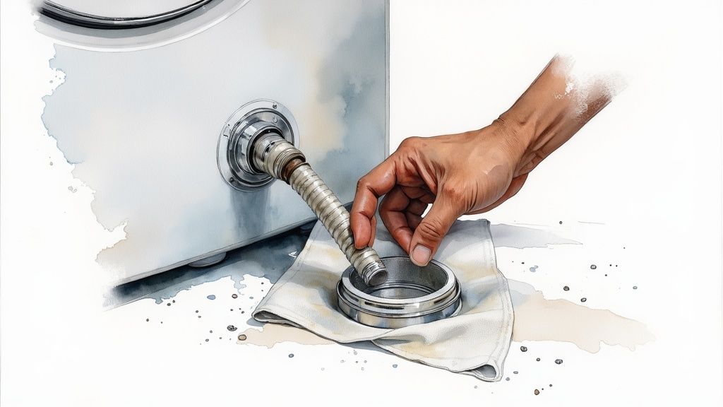 A hand drains water from a washing machine's lower hose into a cap on a white cloth.