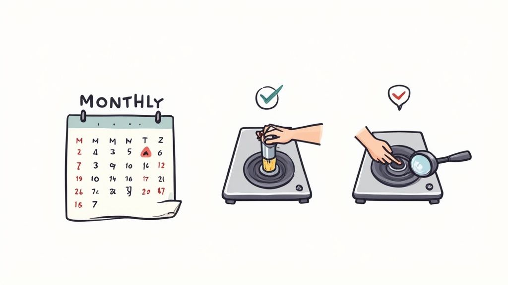 Illustration showing a monthly calendar, followed by cleaning and inspecting a cooktop with a magnifying glass.
