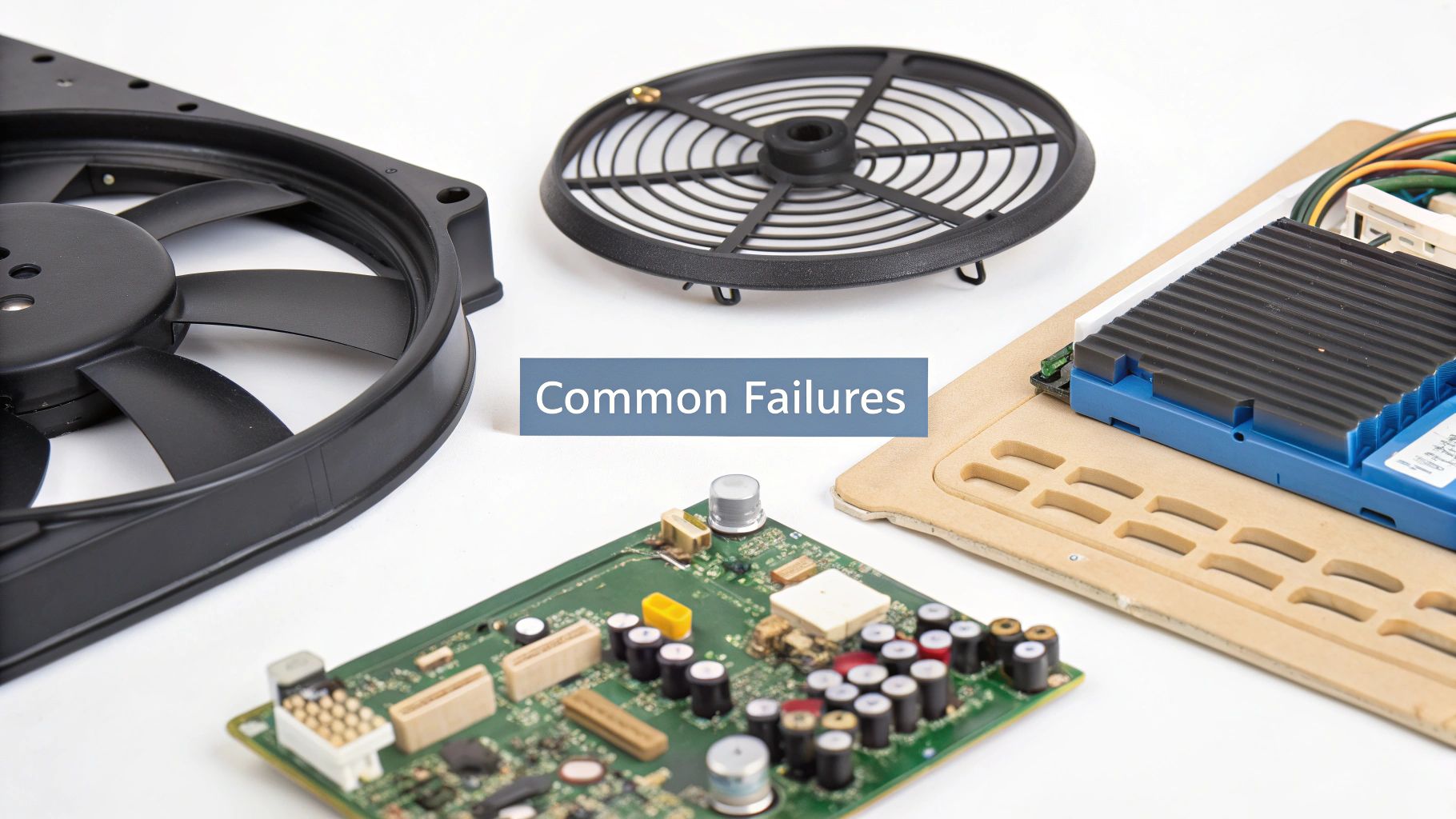 Close-up of various electronic components including a fan, circuit board, and module, symbolizing common failures.