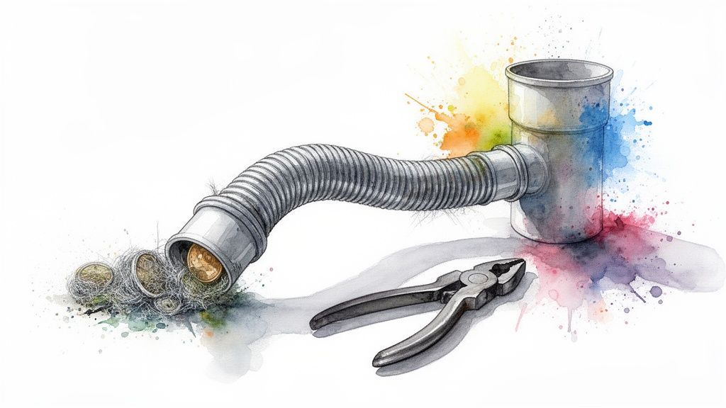 A watercolor illustration of a clogged drain pipe filled with hair, lint, and euro coins, with pliers.