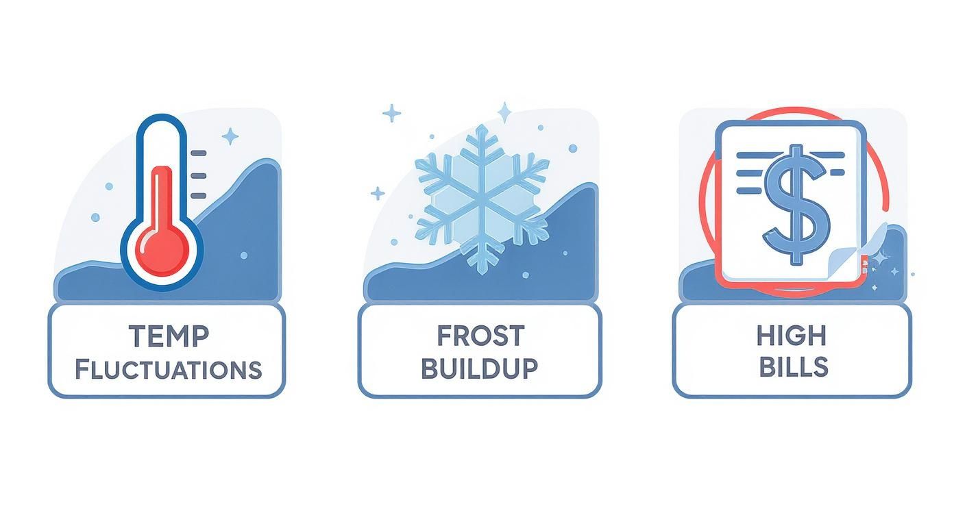 Three icons illustrating temperature fluctuations, frost buildup, and high bills, representing common appliance problems.