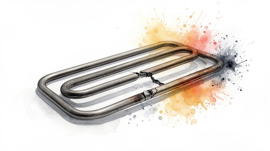 Illustration of a cracked grey heating element with orange, red, and black watercolor splashes.