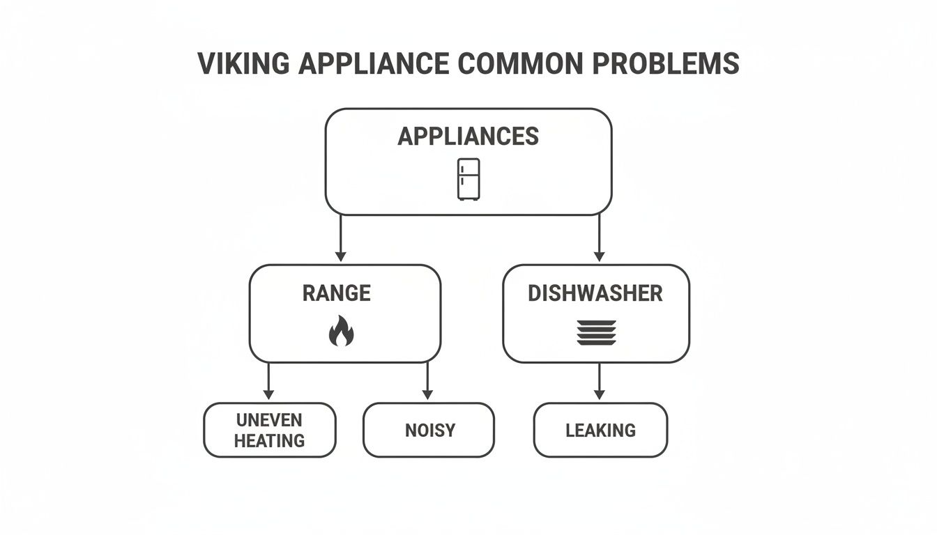 Flowchart outlining common problems for Viking appliances: range issues like uneven heating and noisy, and dishwasher leaks.