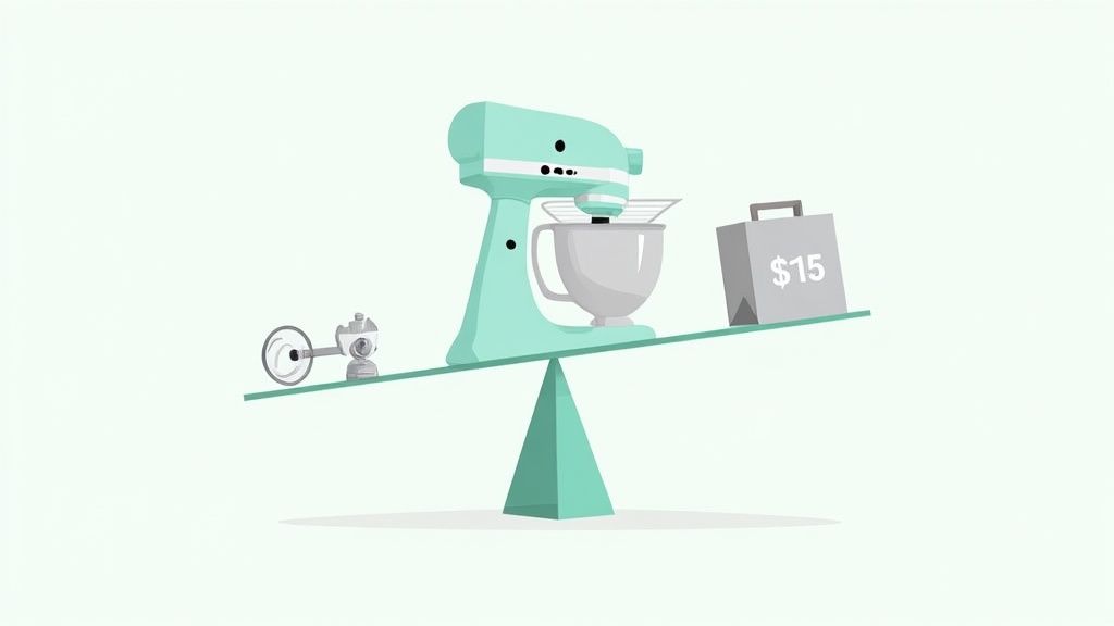 A teal KitchenAid stand mixer on a see-saw, balancing against a small part and a $15 shopping bag.