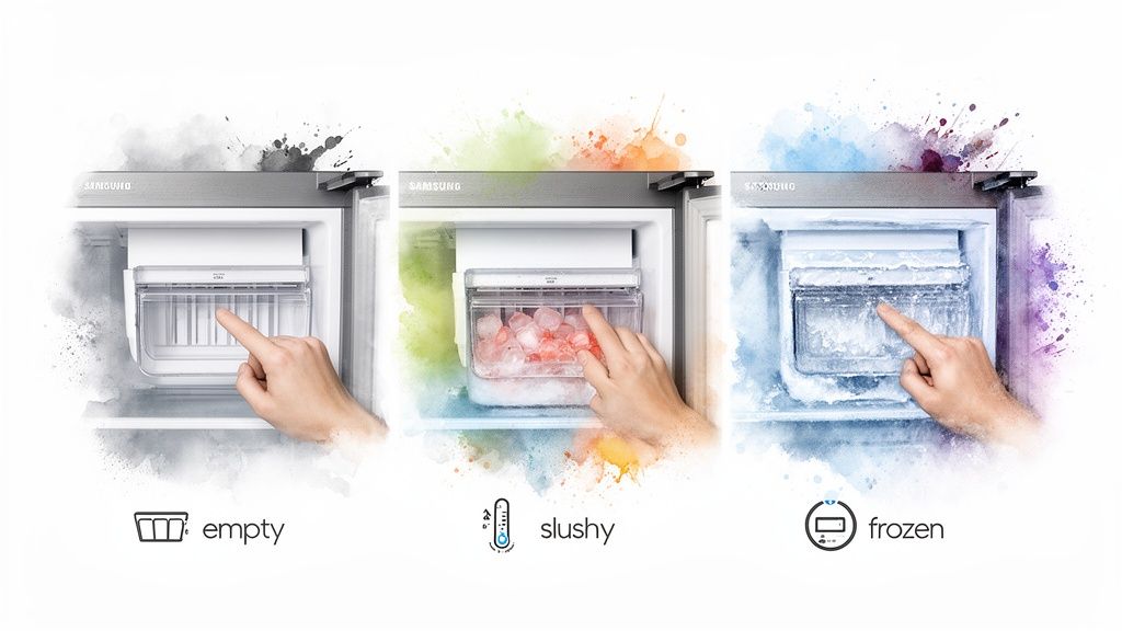 Samsung refrigerator ice maker demonstrating empty, slushy, and fully frozen ice options.
