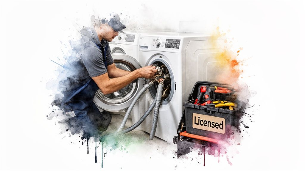 Licensed technician repairing a white washing machine with tools, a toolbox visible with 'Licensed' text.