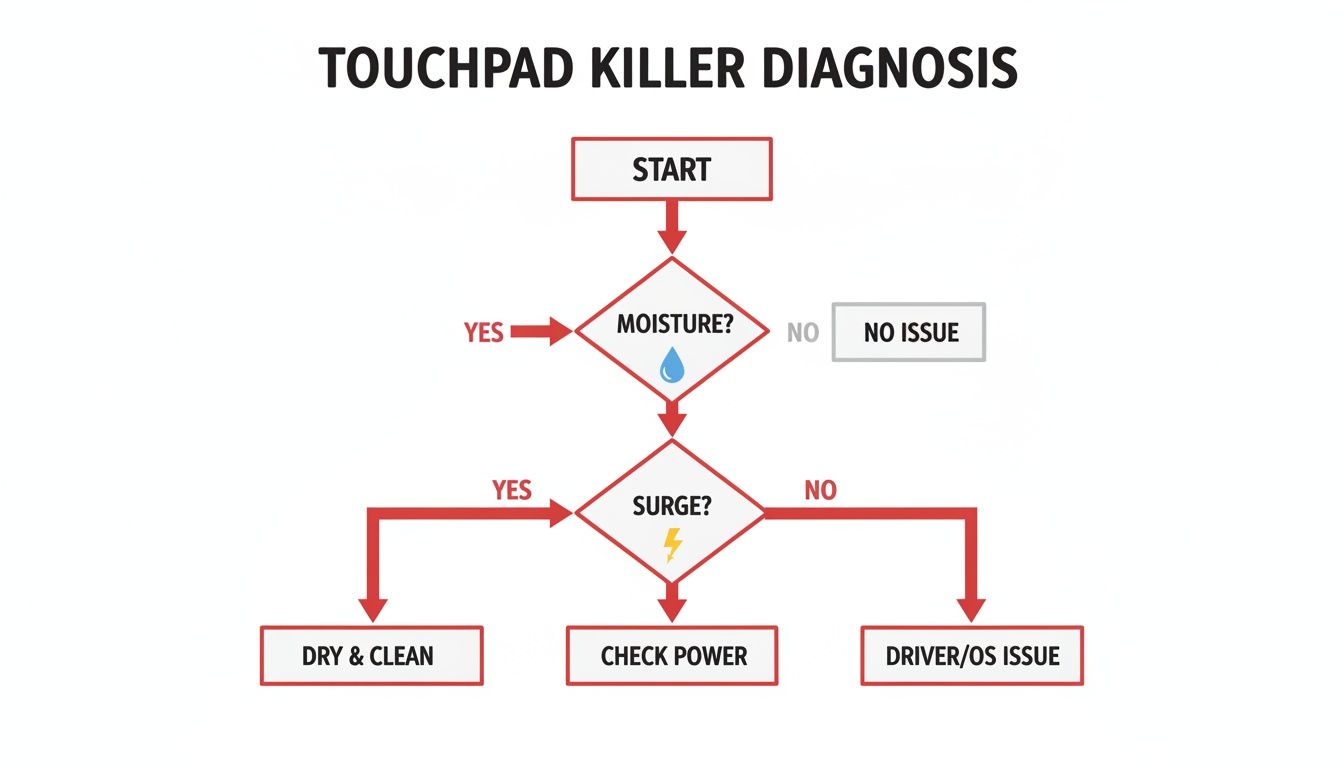 Flowchart for touchpad killer diagnosis, showing steps to troubleshoot touchpad issues related to moisture, surge, and software.