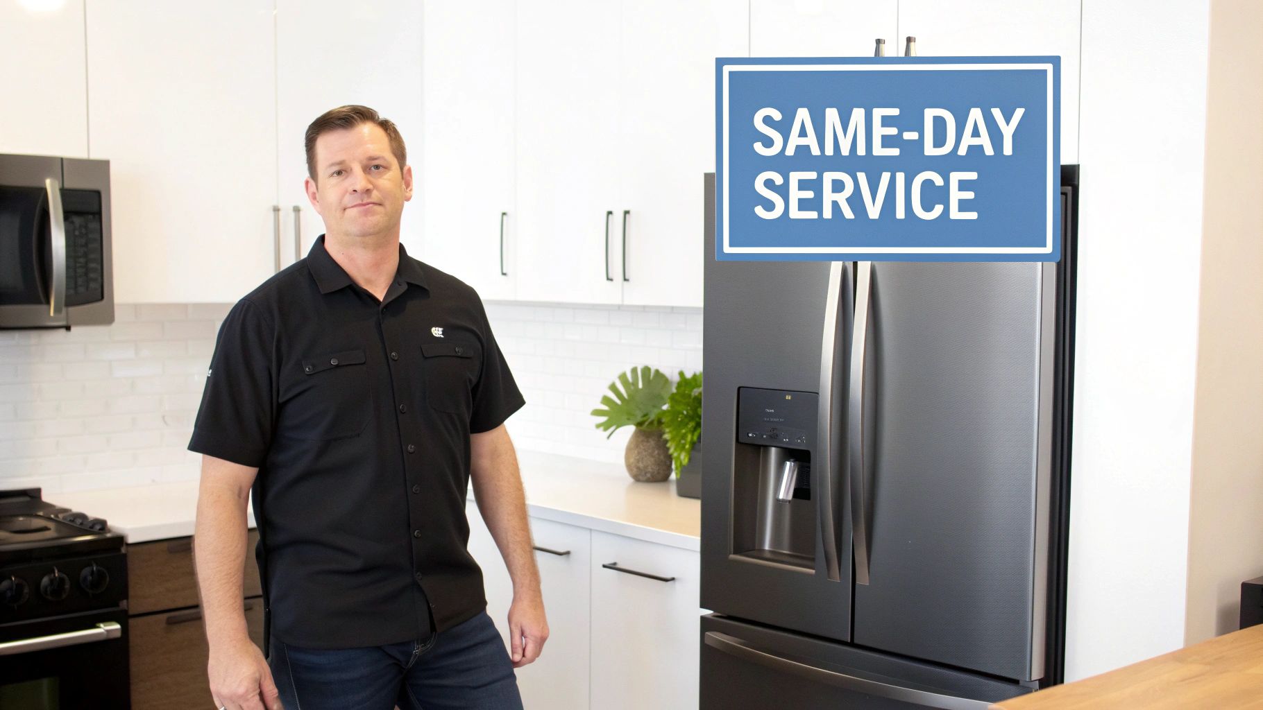 Man in black shirt stands in modern kitchen with appliances and 'SAME-DAY SERVICE' sign.