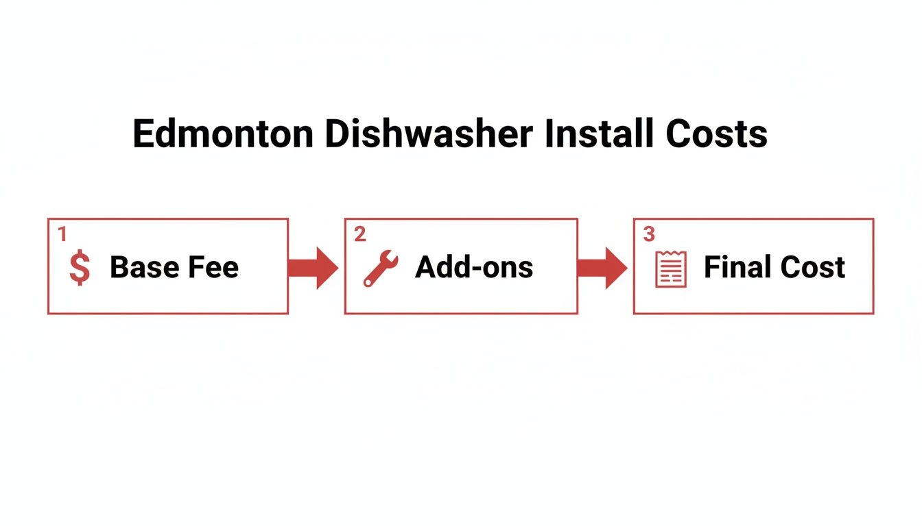 A flowchart illustrating Edmonton dishwasher installation costs, detailing base fee, add-ons, and final cost steps.