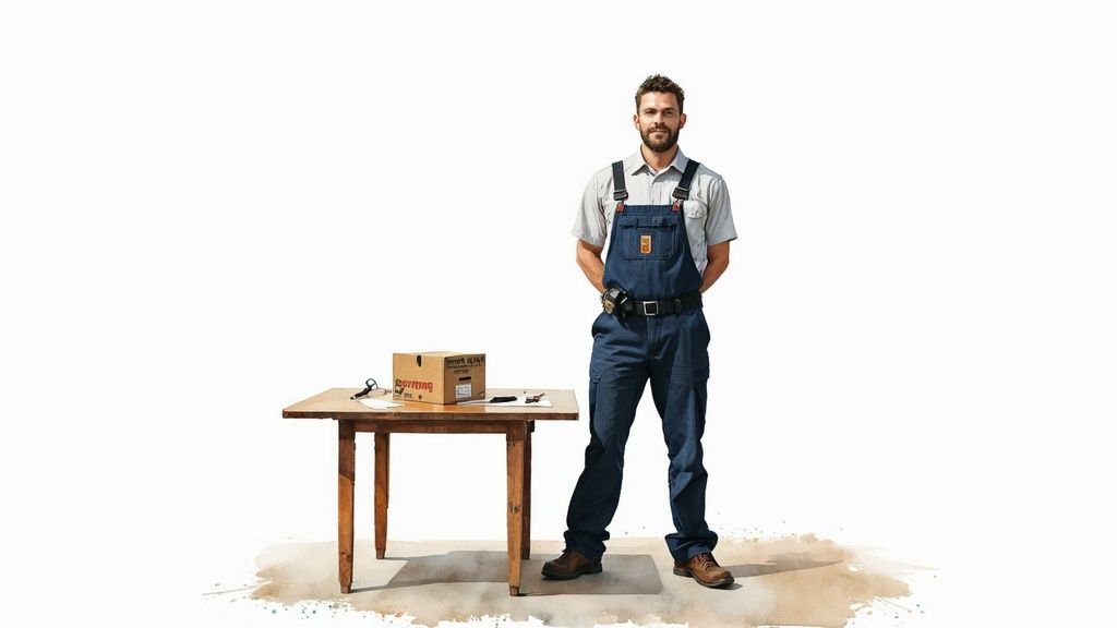Smiling male technician in work overalls stands next to a wooden table with tools and a package.
