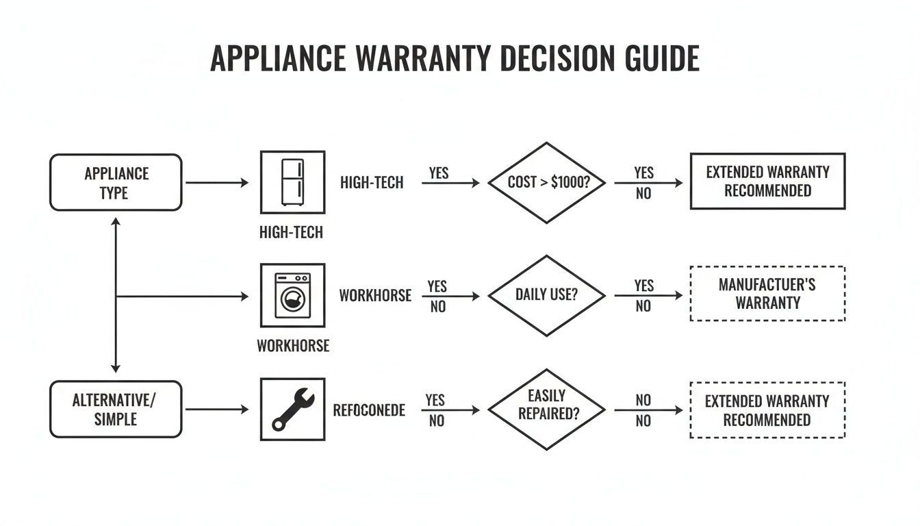Flowchart illustrating an appliance warranty decision guide based on appliance type, cost, and usage.