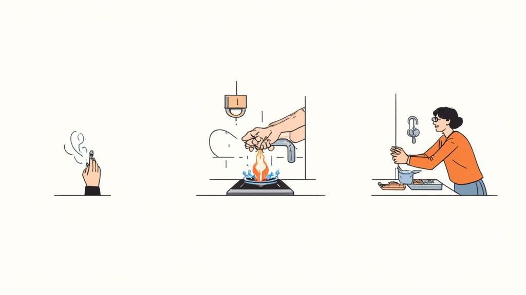 Three illustrations show fire safety and kitchen routines: a hand with fire, hands near a gas stove, and a woman washing dishes.