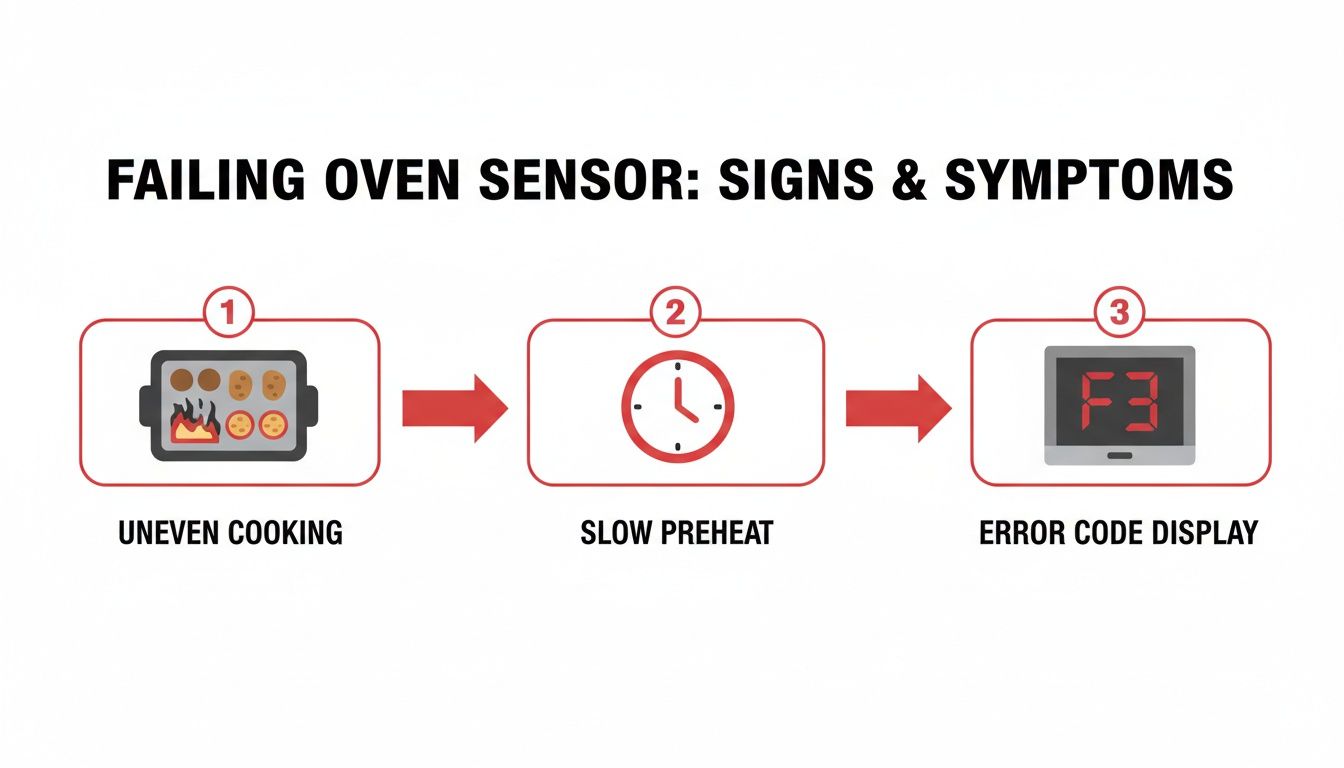 Infographic illustrating three signs of a failing oven sensor: uneven cooking, slow preheat, and error code display.
