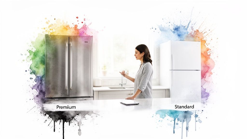 Kitchen scene comparing a premium stainless steel French door fridge to a standard white top-freezer fridge.