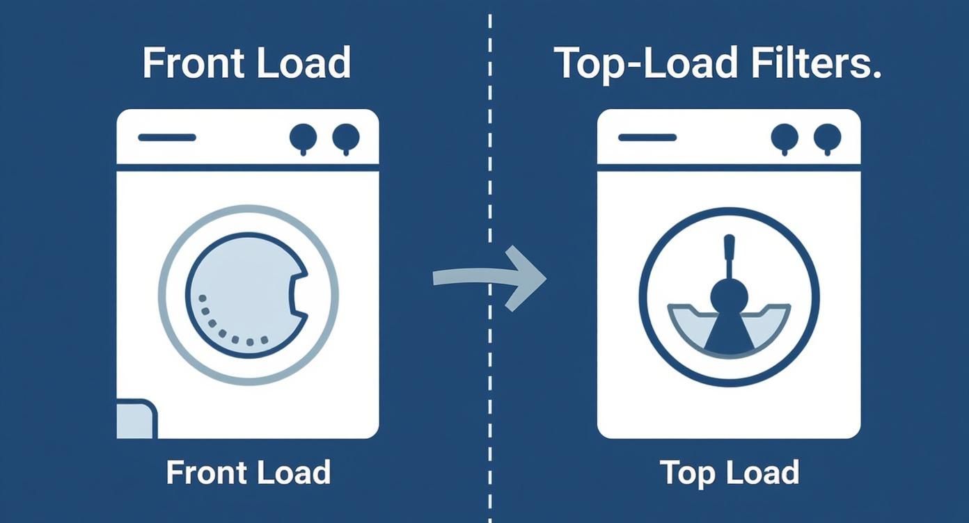 Illustration showing a front-load washing machine compared to a top-load washing machine with an agitator, emphasizing filters.