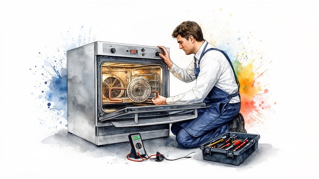 A technician kneels to repair a modern convection oven, inspecting its internal fan and heating elements.