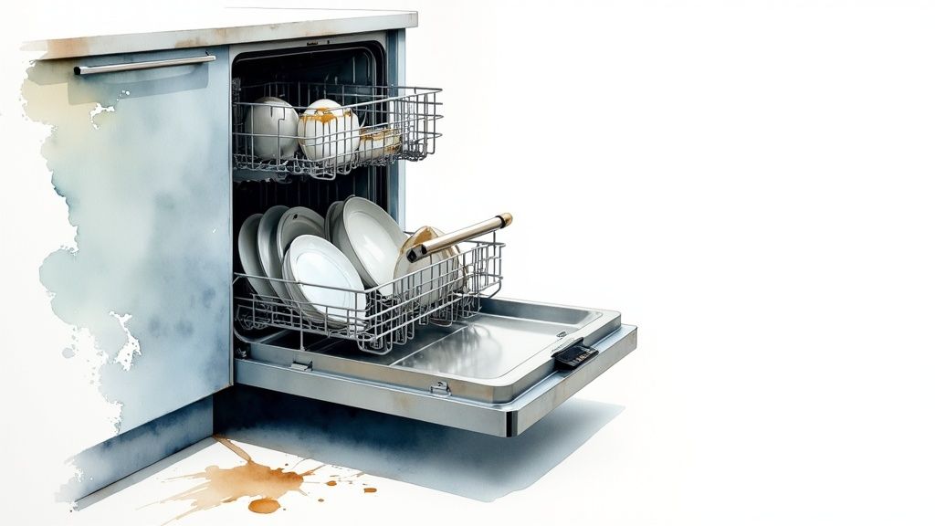 A partially open dishwasher filled with dirty dishes, watercolor stains on the surrounding floor and wall.