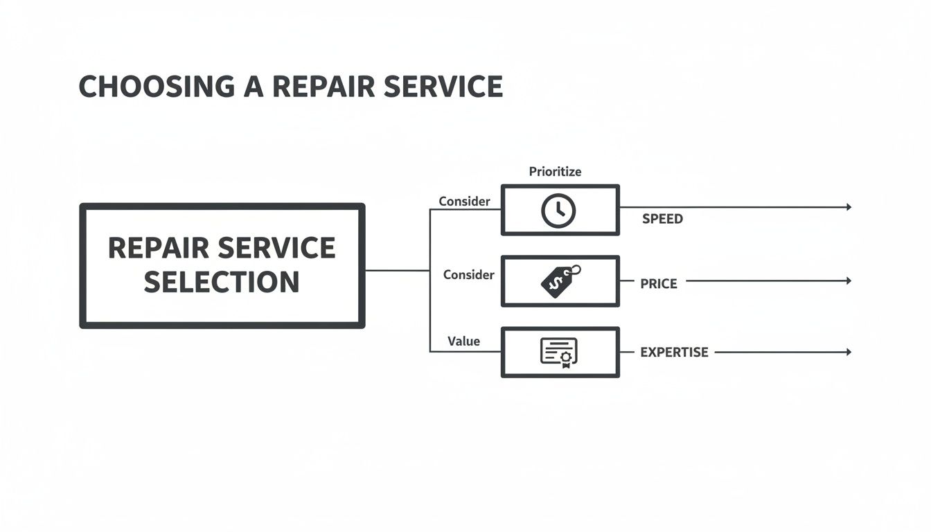 Decision-making flowchart for selecting a repair service, considering speed, cost, and technician expertise.