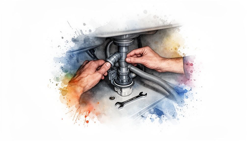 Close-up of hands repairing or installing dishwasher plumbing under a sink with a wrench.