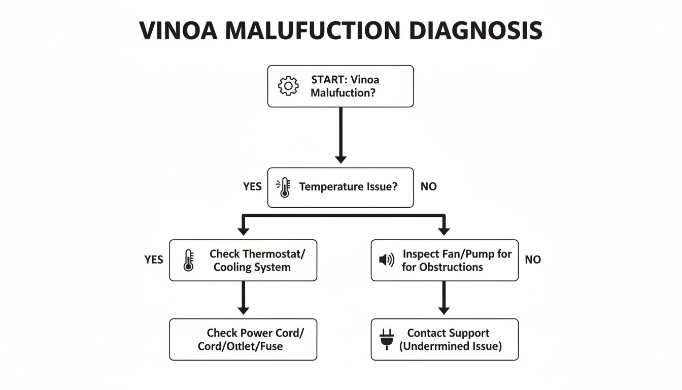 A diagnostic flowchart detailing steps to troubleshoot Vinoa appliance malfunctions, including temperature and obstruction checks.