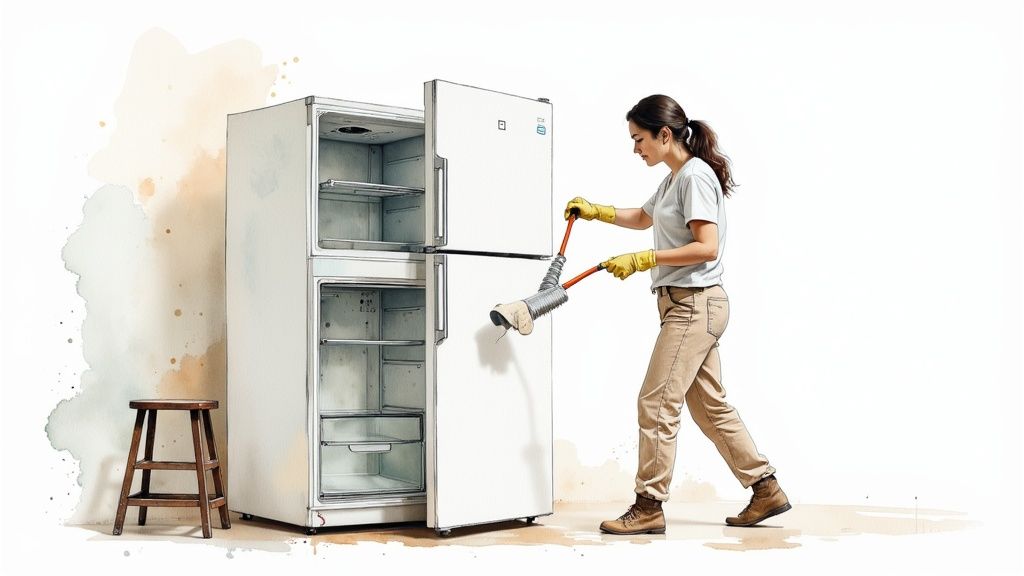 Young woman wearing yellow gloves meticulously cleaning an empty refrigerator.
