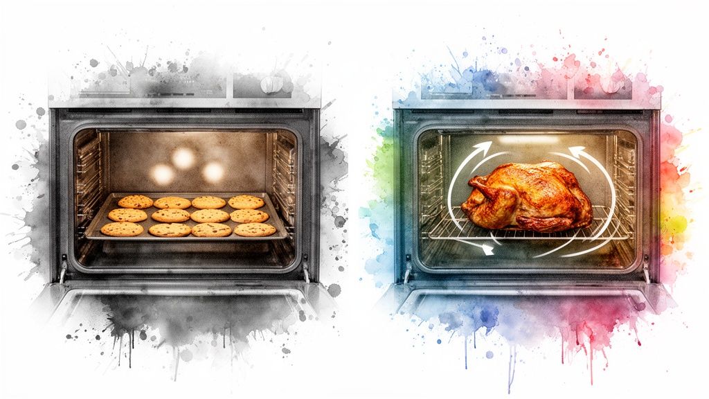 Two ovens side-by-side, one baking cookies, the other roasting chicken with circulating convection heat.