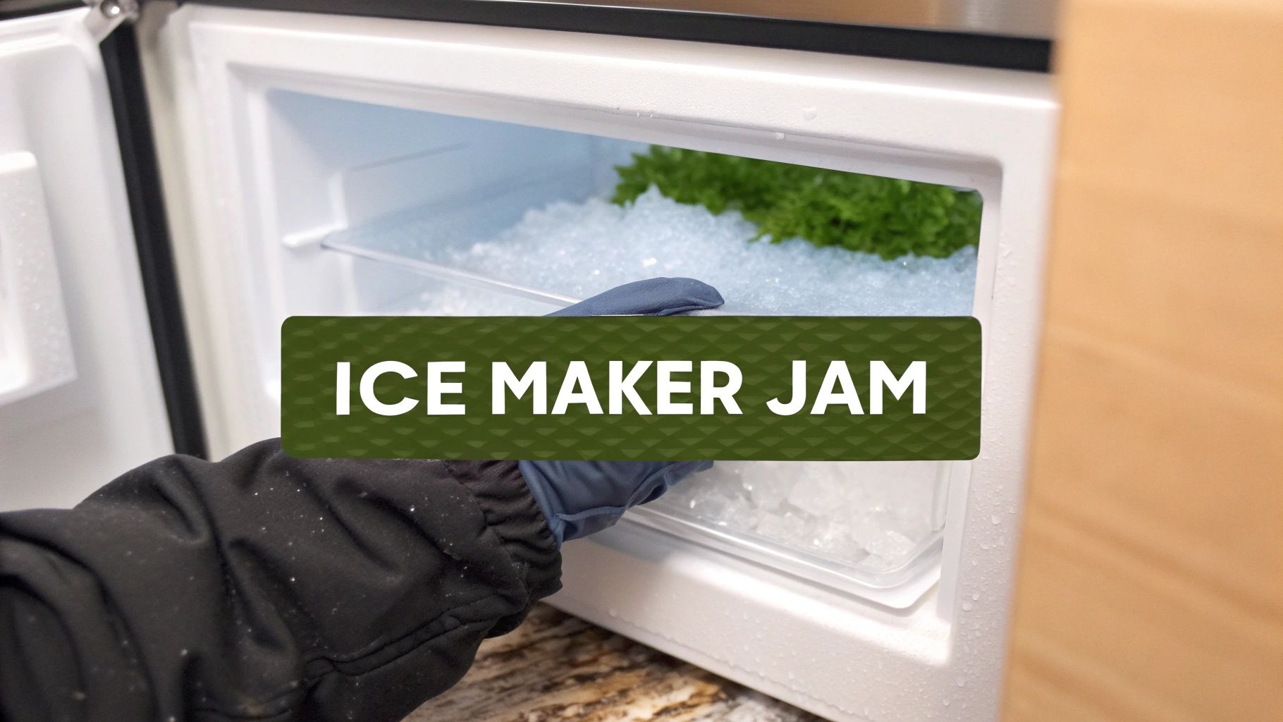 A gloved hand removes an ice tray from a freezer overflowing with ice, with text 'ICE MAKER JAM'.